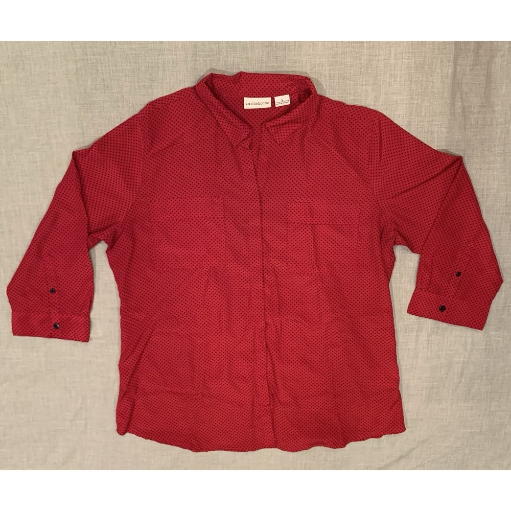 Liz Claiborne Shirt‎ Women's Large Red Black Button Up Polka Dot Collar